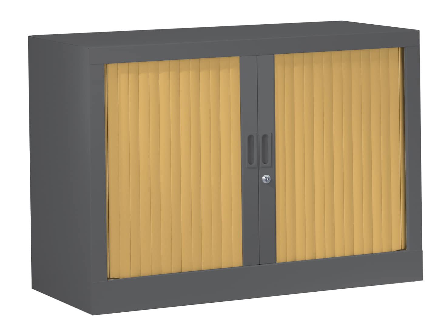 One-piece cabinets with two-tone sliding doors – desk height 72.5 cm.