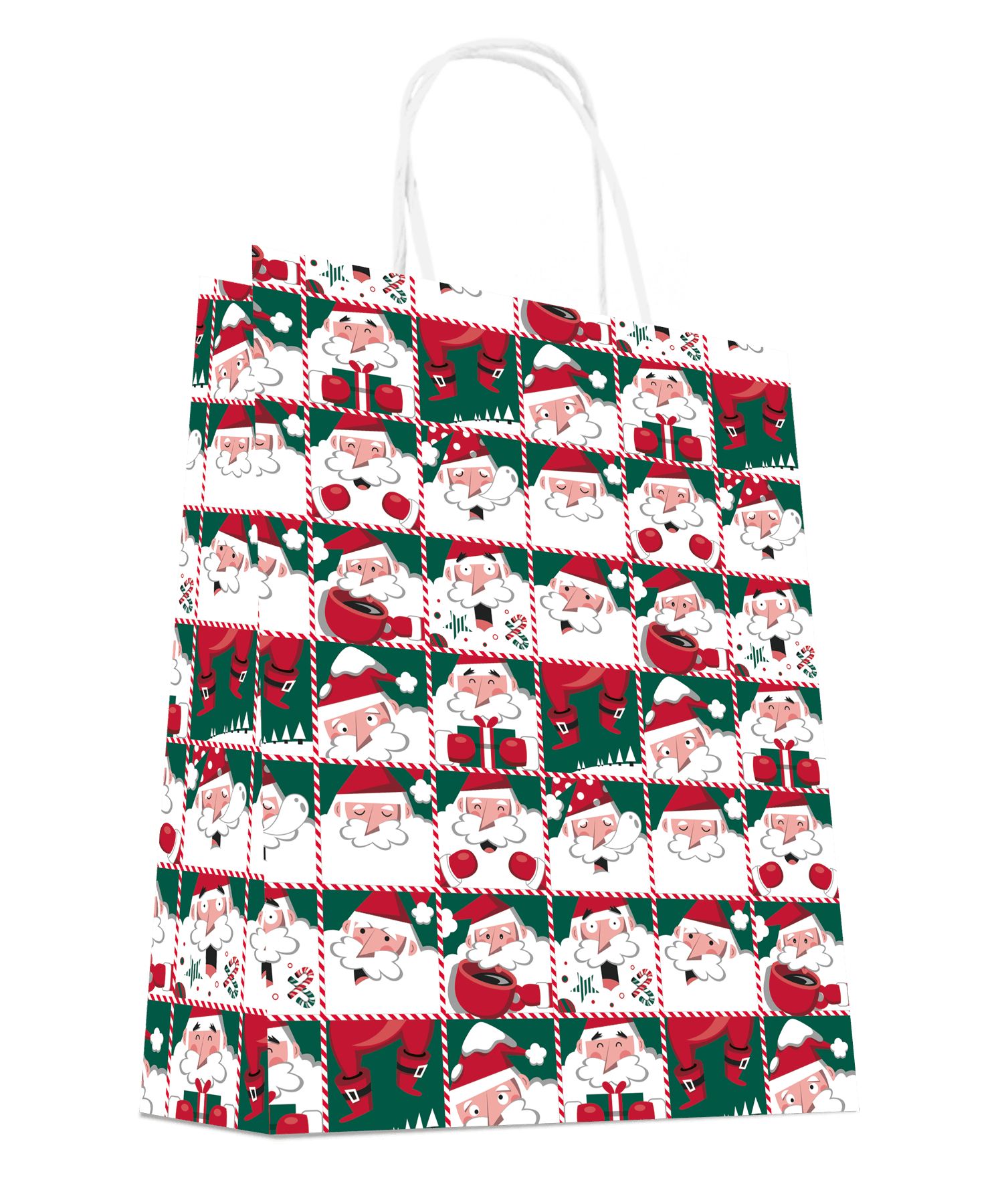 Red and green checkered kraft paper Christmas bags with Santa Claus design x50