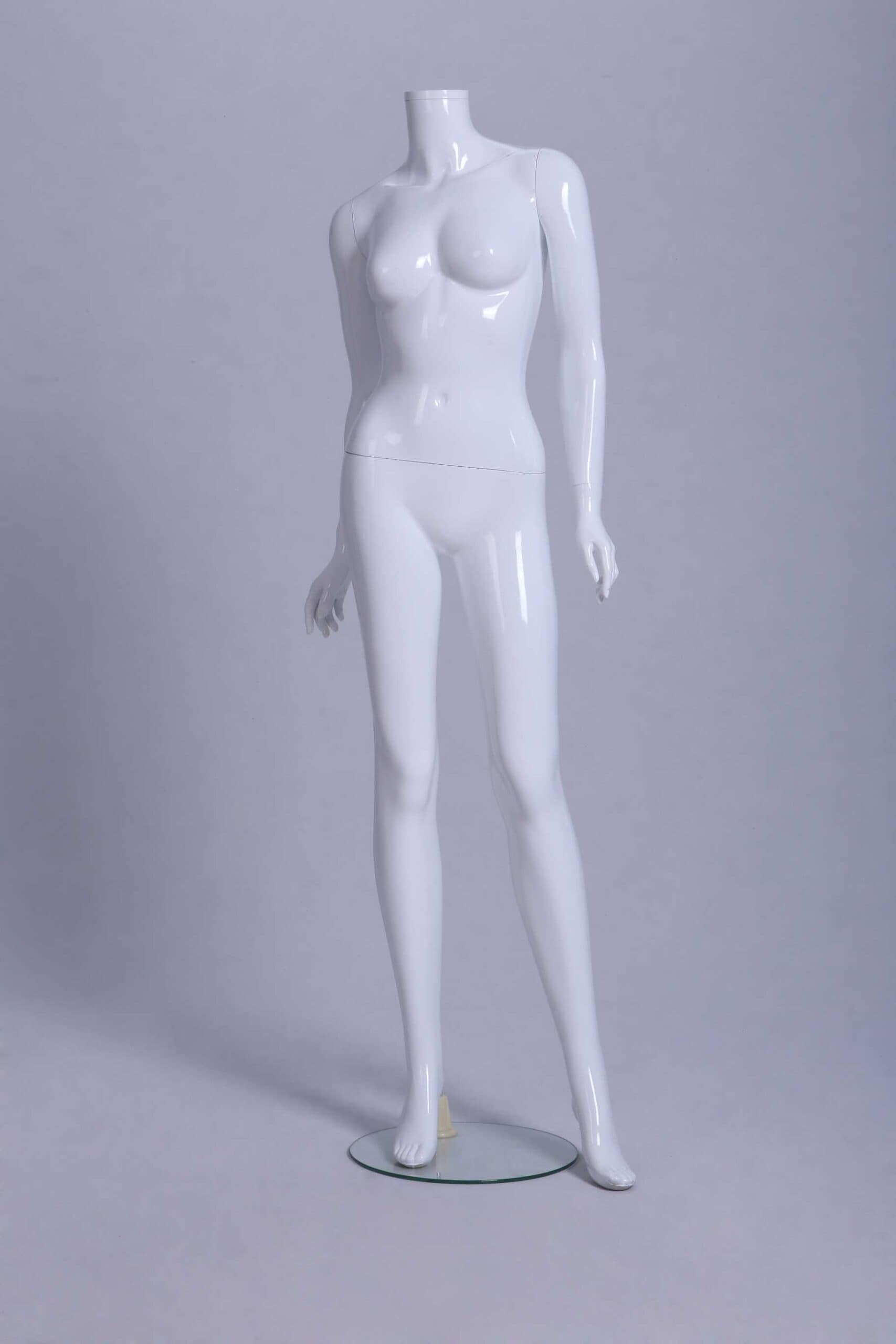 Headless, glossy white lacquered female mannequin with front leg