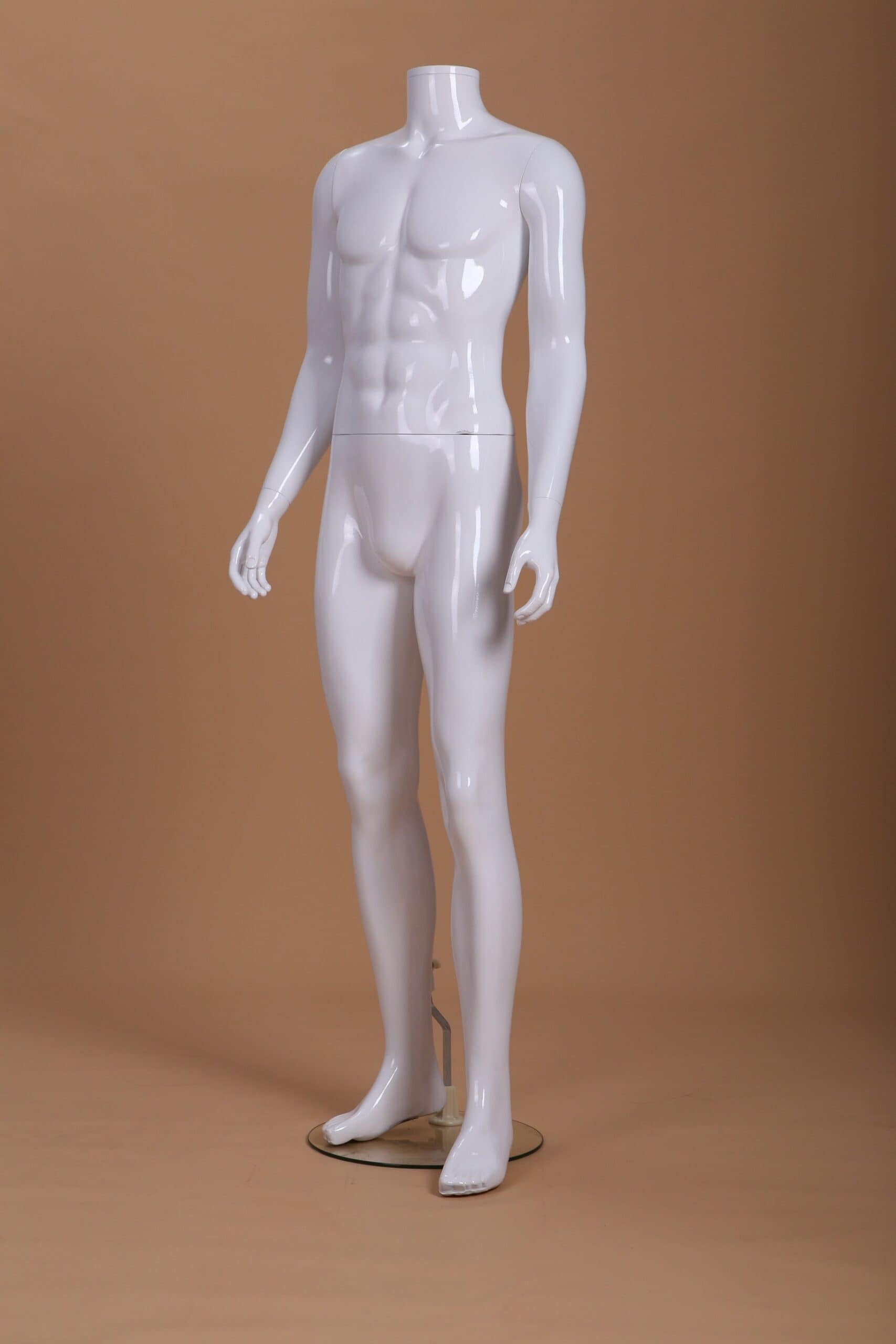 Headless, white lacquered male mannequin with a swaying hip