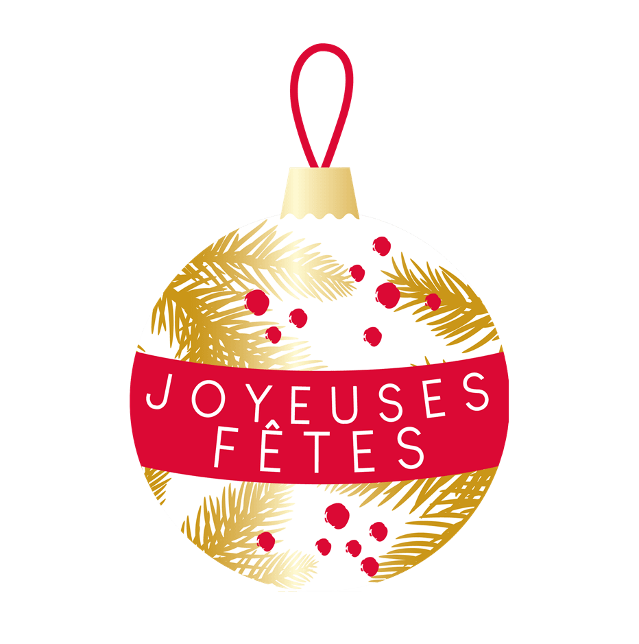 Étiquettes “Joyeuses Fêtes” boule rouge et or x500